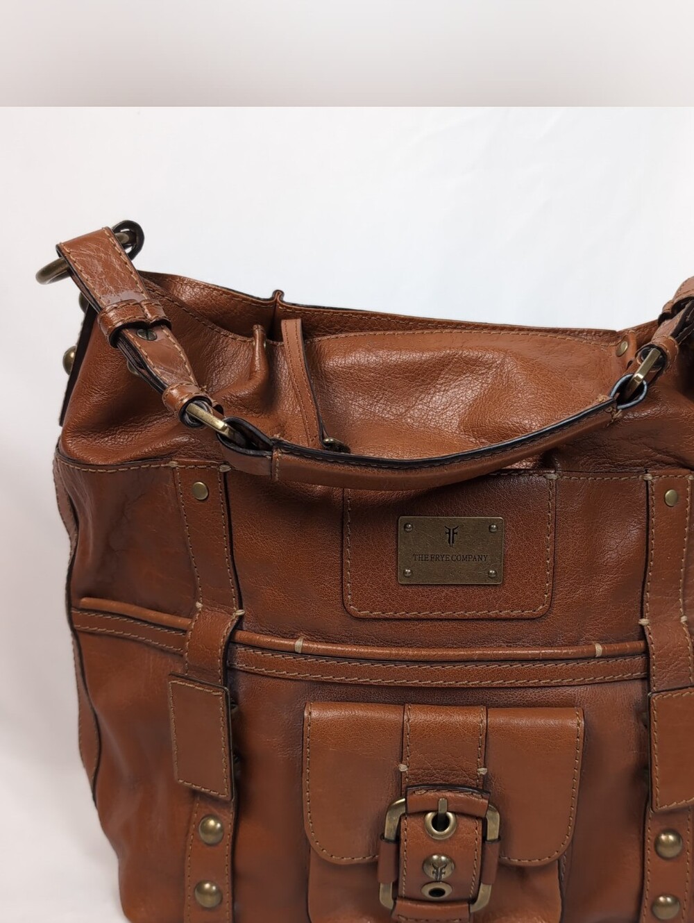 Frye Brown Leather Purse W/Brass Buckles And Metal Logo Plates